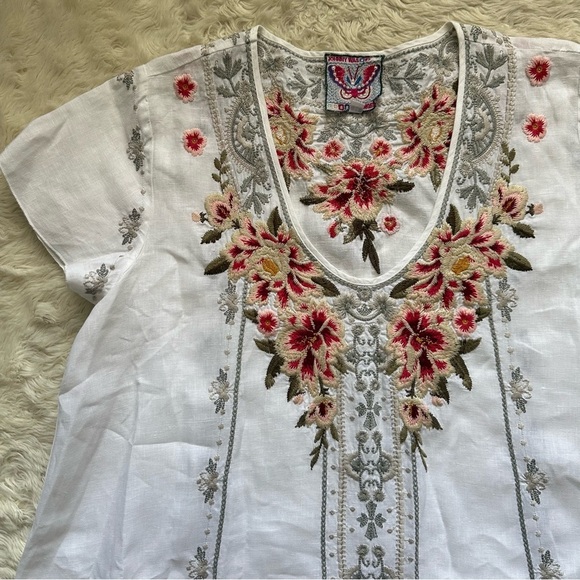 Johnny Was JWLA Top Christine Drape Shirt 100% Linen Floral Embroidered White M - Picture 4 of 12